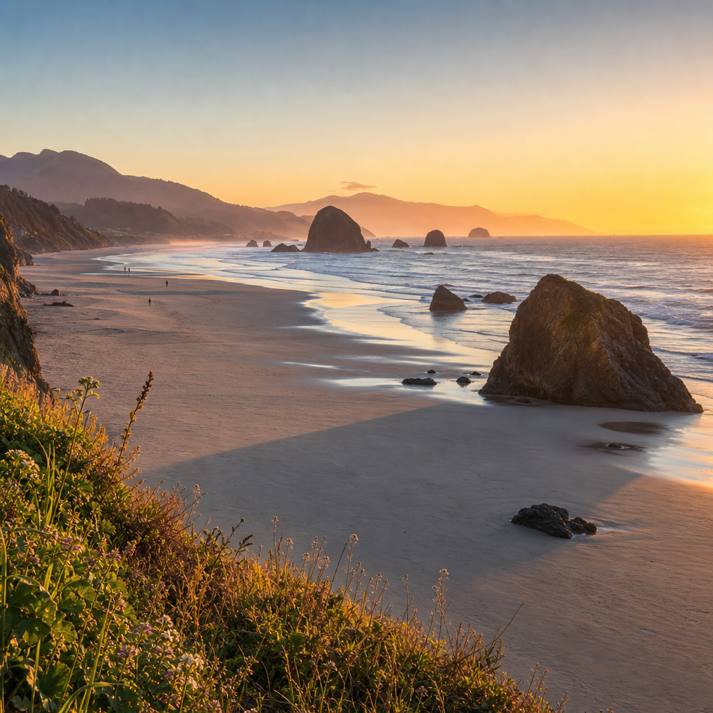 Uncrowded sandy beach along the southern Oregon coast at golden hour