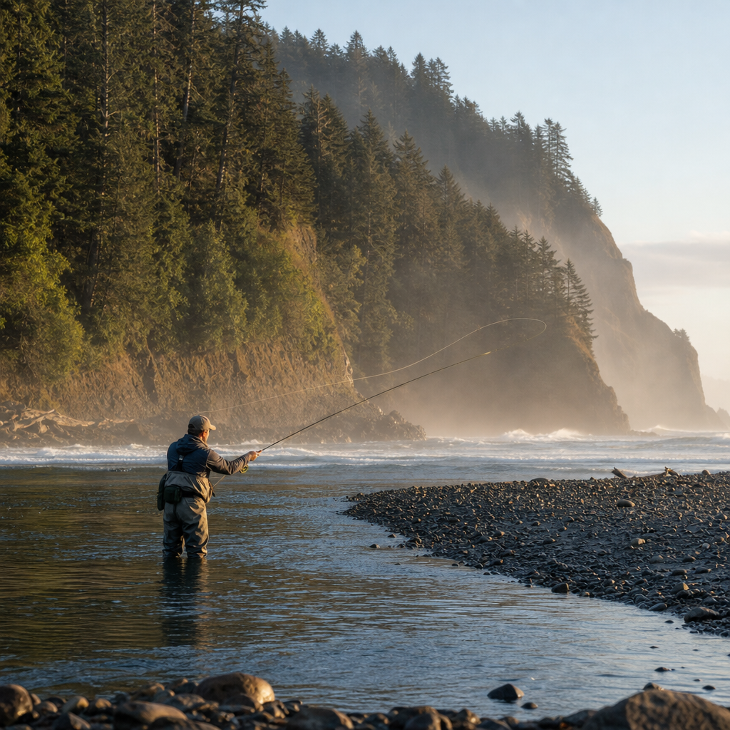 Angler fishing at the Rogue River mouth during early morning hours