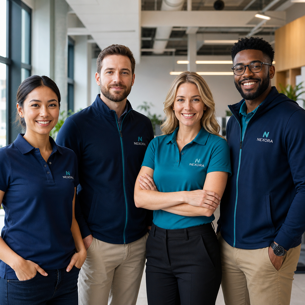 Team wearing coordinated custom branded workwear in matching colours