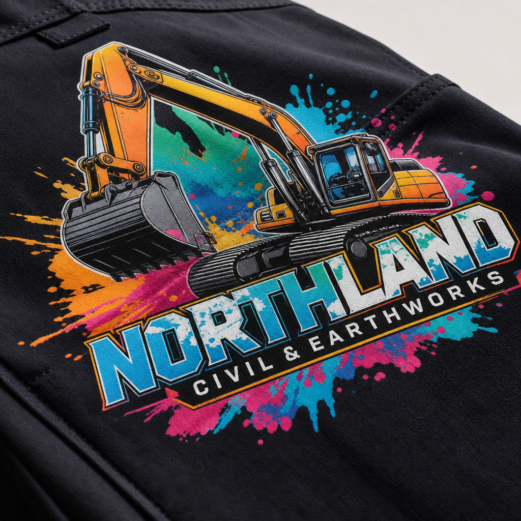 Detailed view of DTF printed design on workwear showing colour quality and print sharpness
