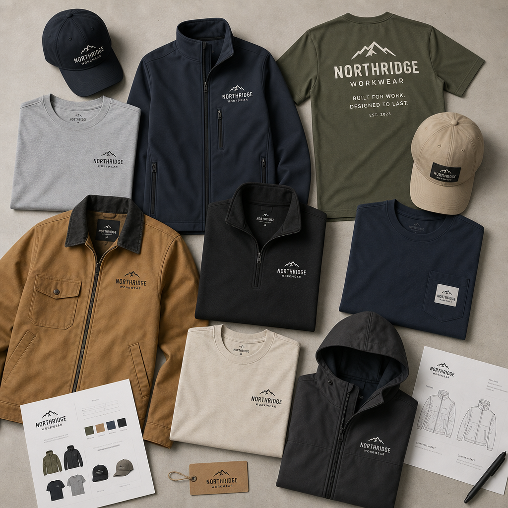 Selection of different custom workwear garment styles showing brand consistency across product range