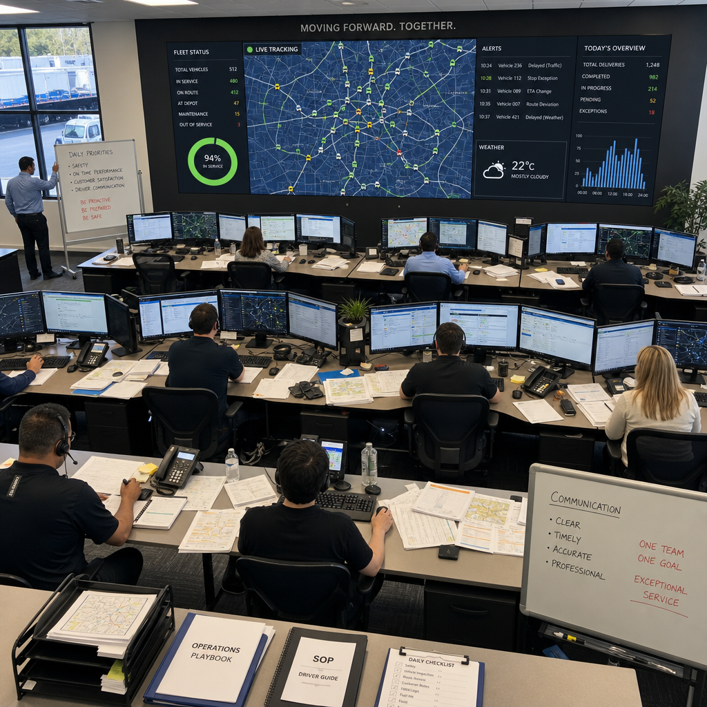 Operations control room monitoring live fleet data in real-time