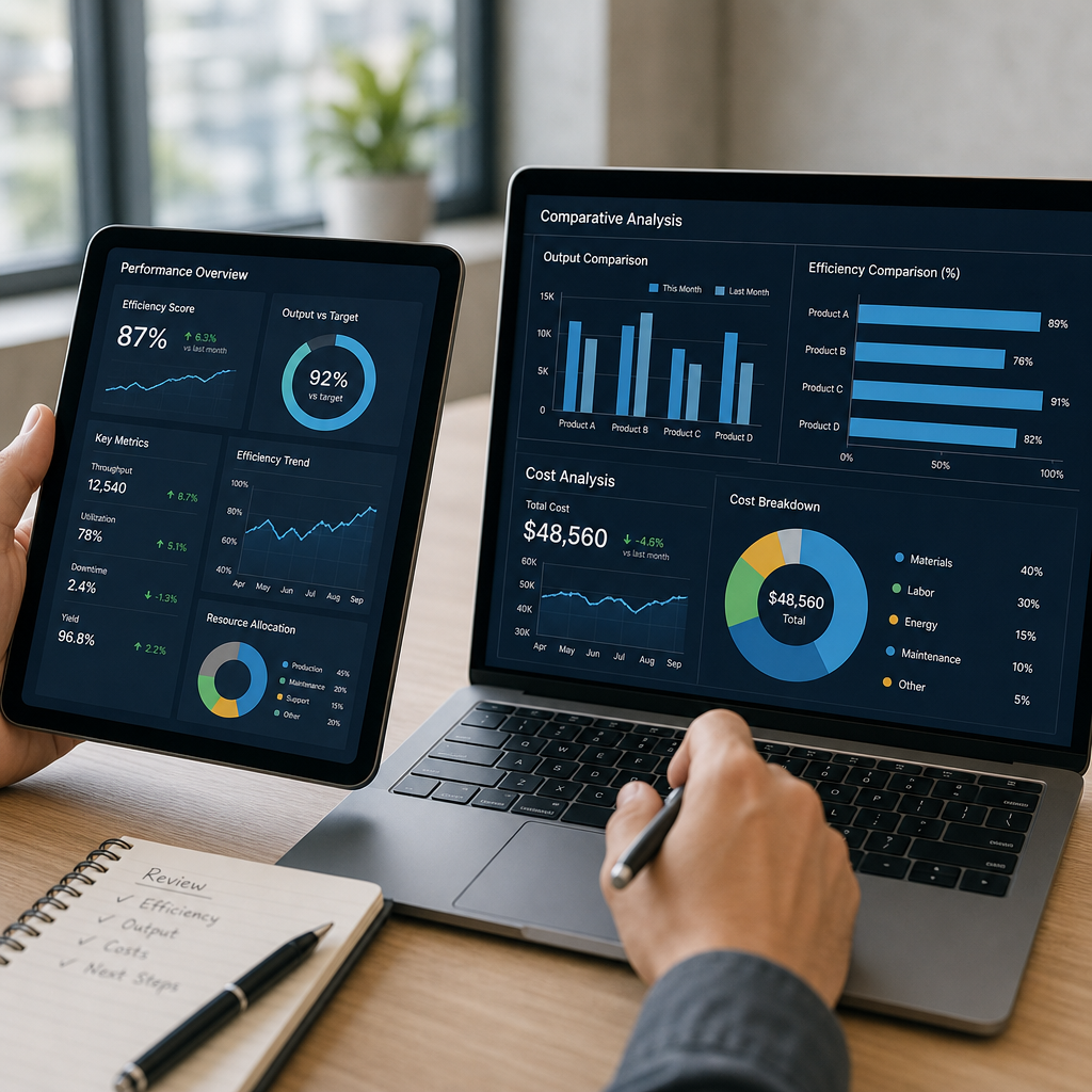 Fleet manager analyzing efficiency data on digital devices