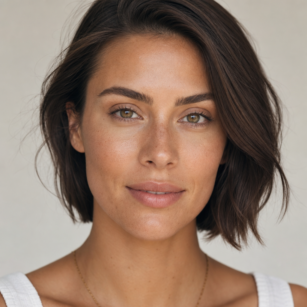 Woman in her 30s with clear, glowing skin representing preventative anti-aging care