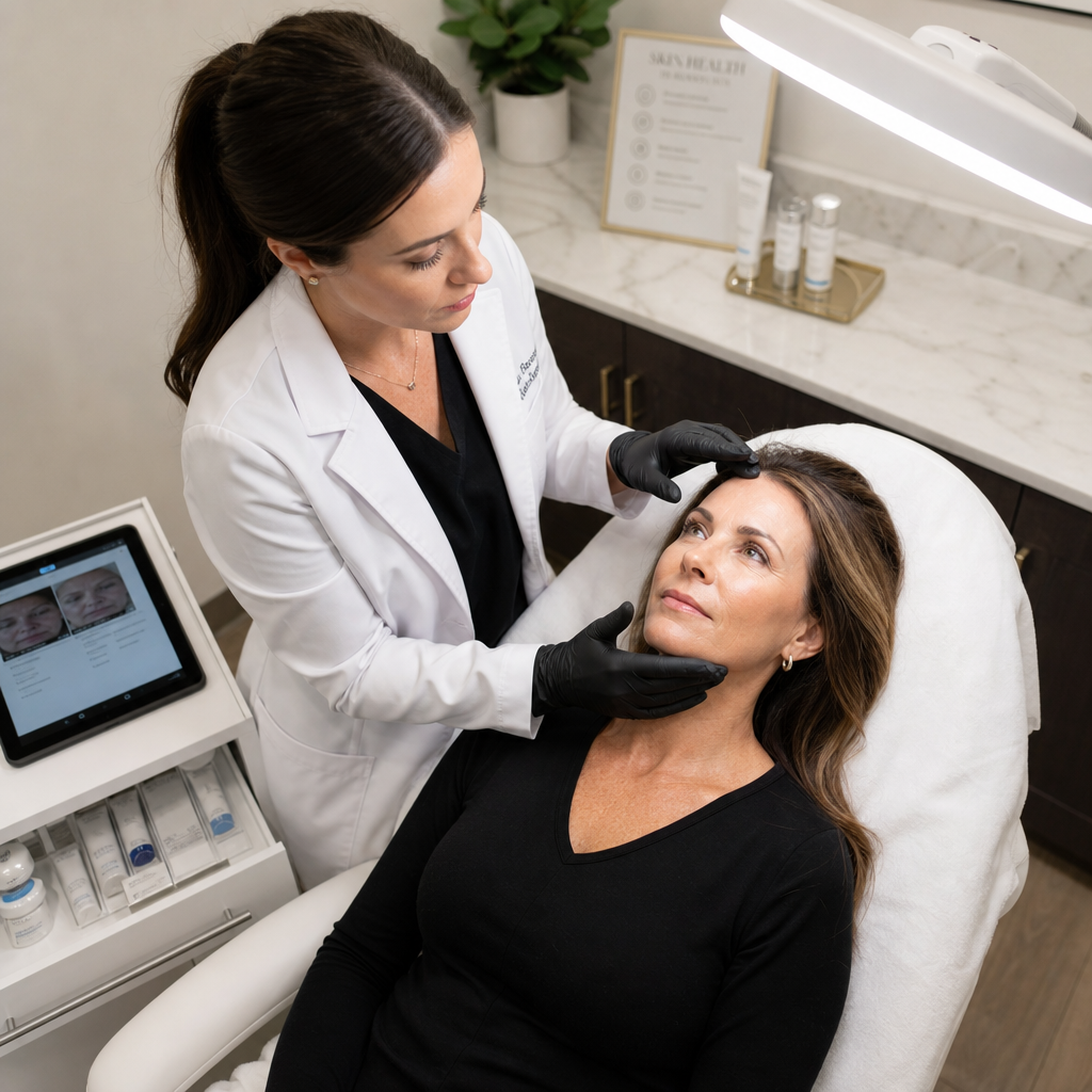 Skincare professional examining a woman's face during an anti-aging treatment consultation