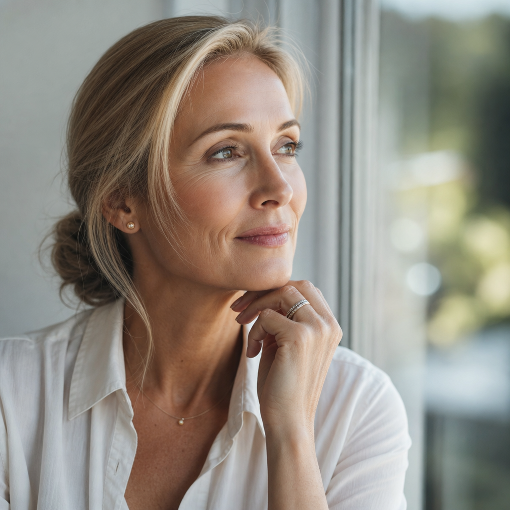Woman in her 50s with restored, luminous skin demonstrating results of comprehensive anti-aging care