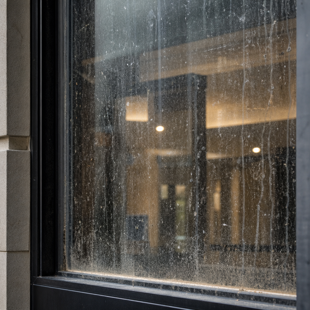 Grimy commercial window with visible streaks and mineral deposits