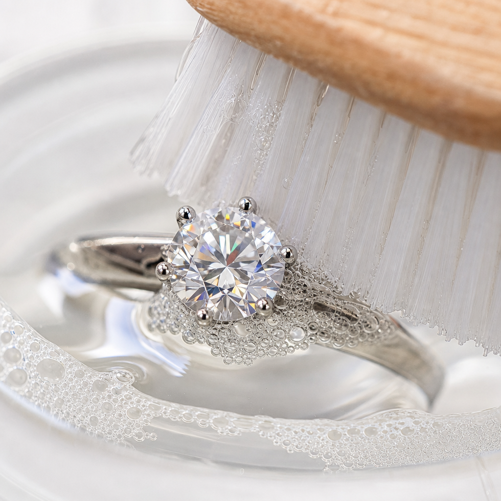 Moissanite ring being cleaned with soft brush in warm soapy water