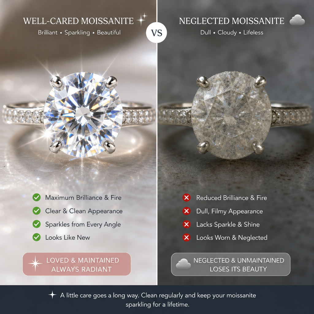Before and after comparison of moissanite ring brilliance with proper care