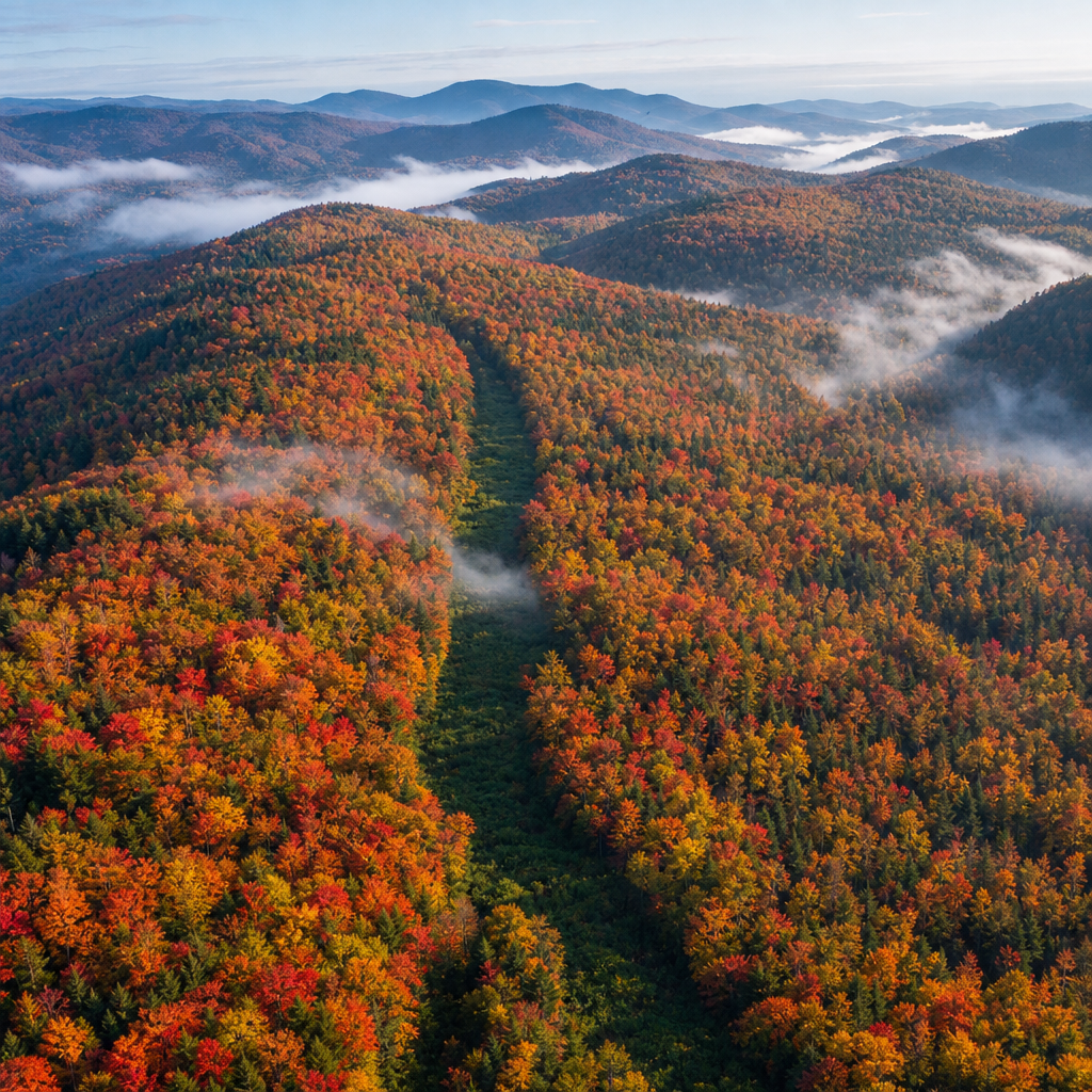 Aerial landscape of Vermont Green Mountains with autumn forest canopy and ridgelines
