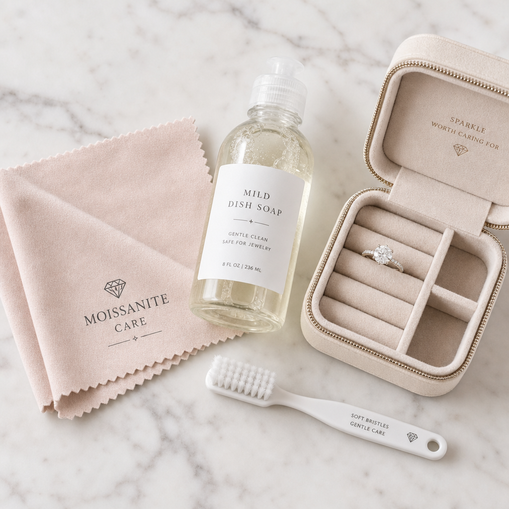 Moissanite care products and supplies laid out on marble surface