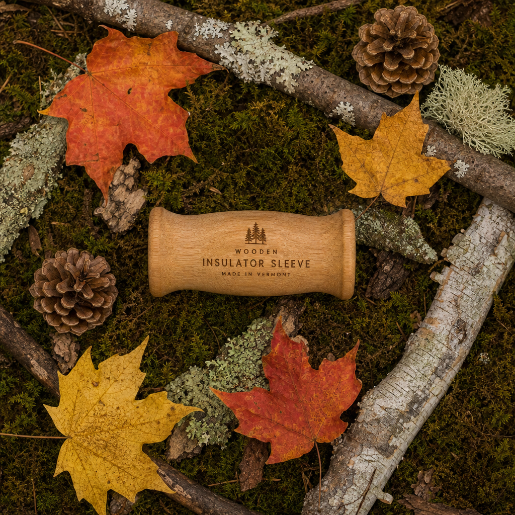 Wooden insulator sleeve displayed with natural Vermont forest materials and elements