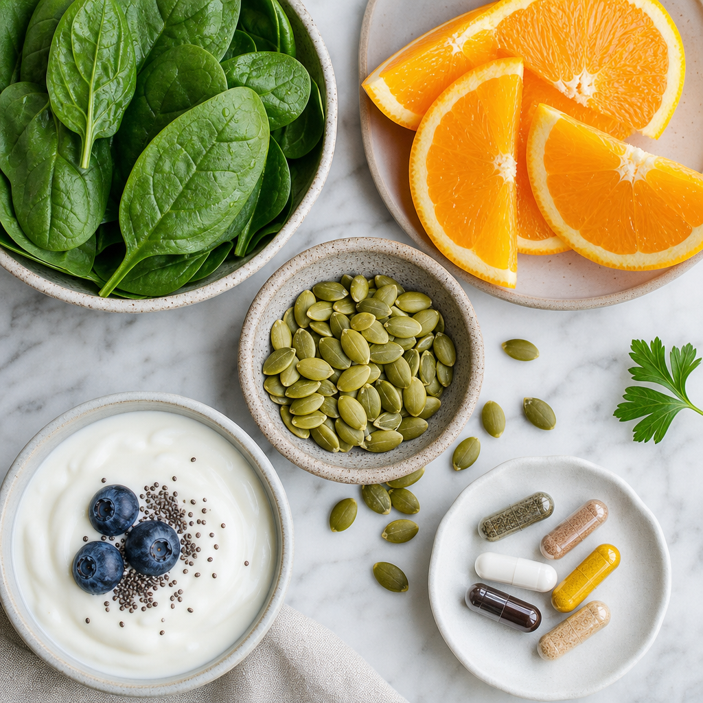 Nutrient-rich foods and multivitamin capsules arranged on marble surface