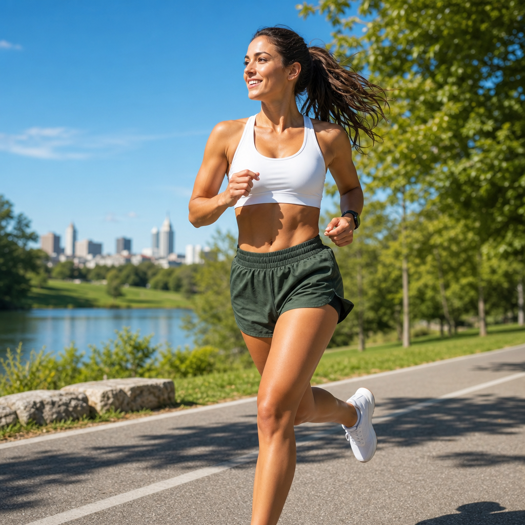 Active woman running outdoors in bright daylight
