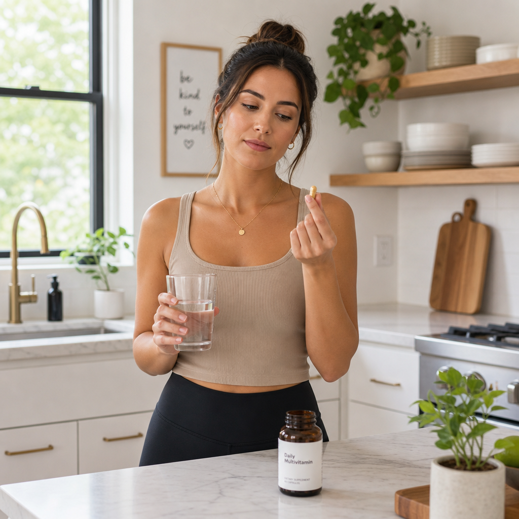 Woman examining a multivitamin capsule in kitchen setting