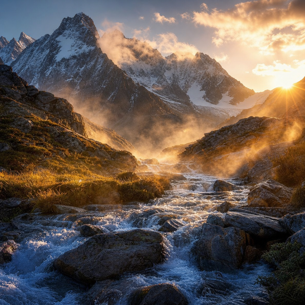 Pure glacial mountain spring water flowing through Alpine terrain