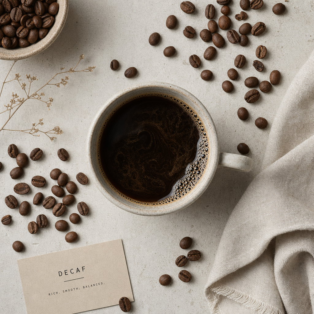 Overhead view of a cup of decaf coffee with coffee beans and minimalist styling