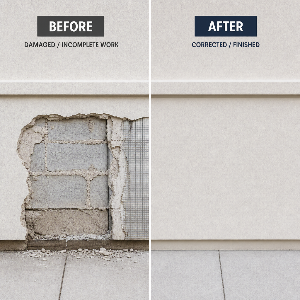 Before and after comparison of builder rectification work in residential property