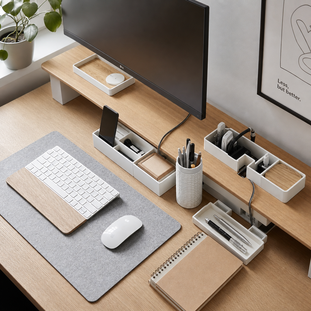 Ordentlicher Schreibtisch mit 3D-gedruckten Organizern in minimalistischem Design