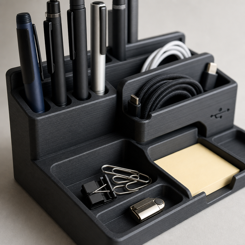 Detailaufnahme eines 3D-gedruckten Schreibtisch-Organizers mit Stiften und Kabeln