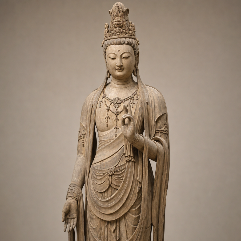 Serena estatua Kannon del período Nara con elegantes proporciones y expresión gentil