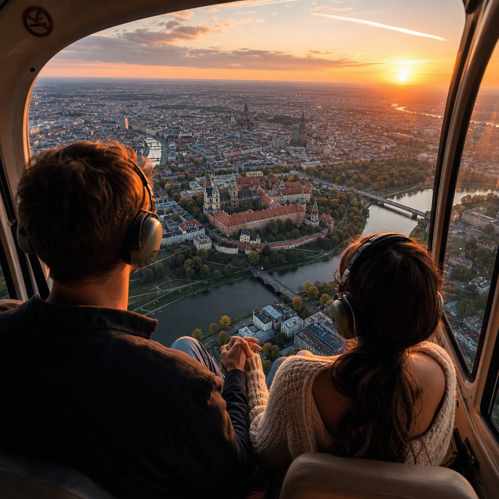 Para trzymająca się za ręce patrzy na panoramę polskiego miasta z okna helikoptera o zachodzie słońca