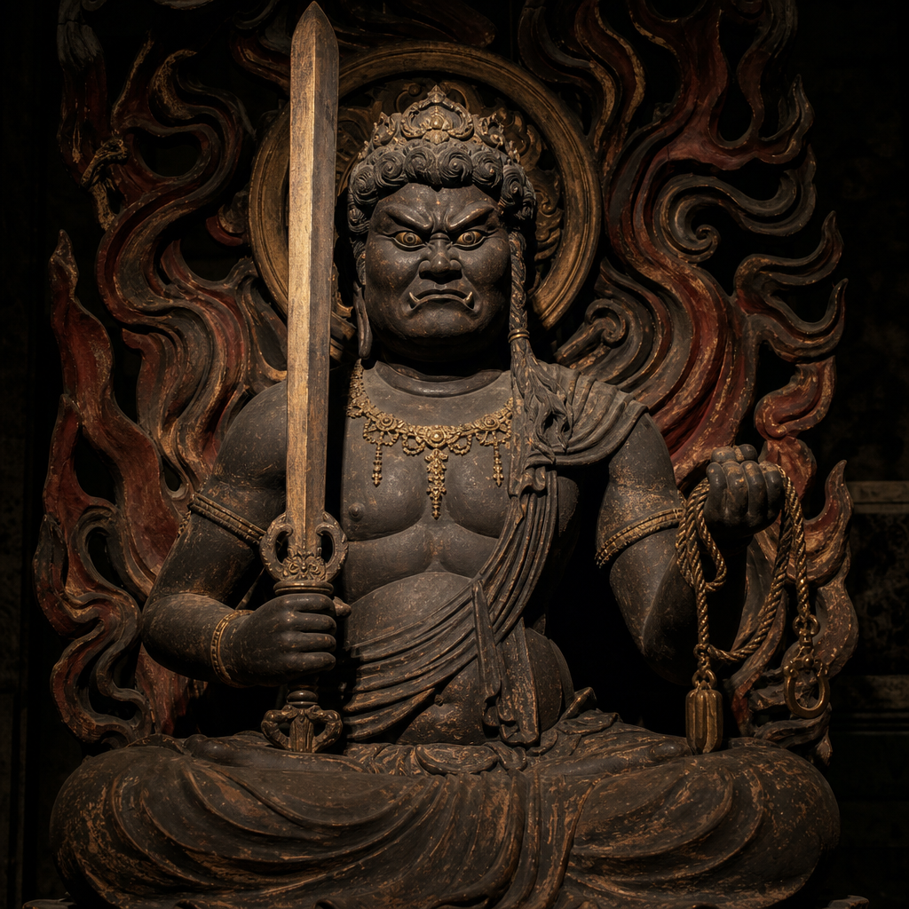 Intensa estatua del guardián Fudo Myo-o del período Kamakura con expresión iracunda y forma dinámica