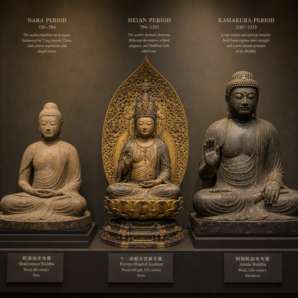 Tres estatuas de Buda japonesas de los períodos Nara, Heian y Kamakura expuestas juntas para mostrar la evolución estilística