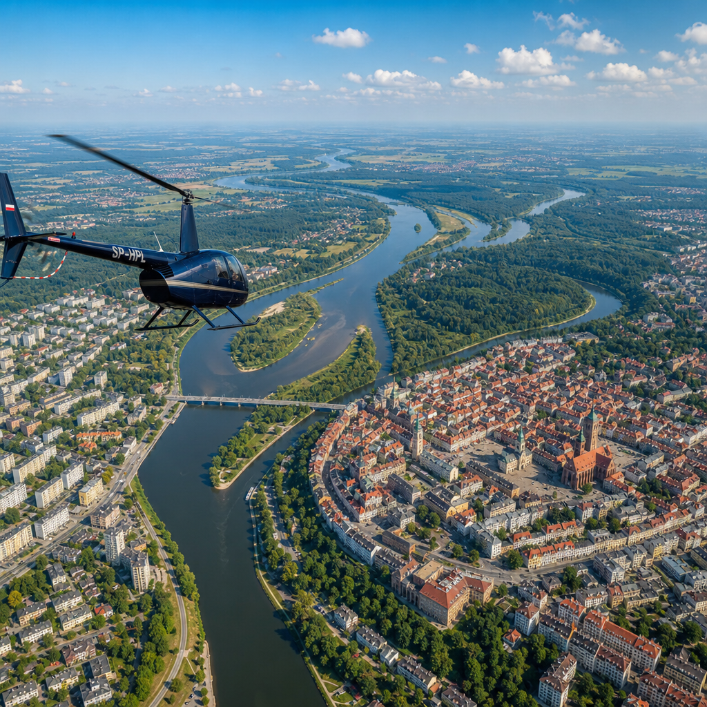 Widok z helikoptera na polskie miasto z rzekami, lasami i dzielnicami poniżej