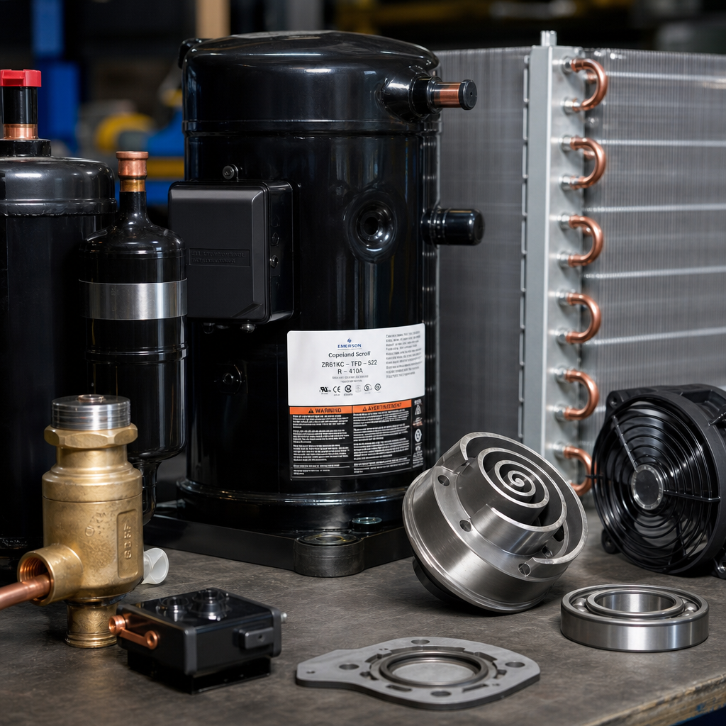 HVAC compressor components and mechanical parts on workbench