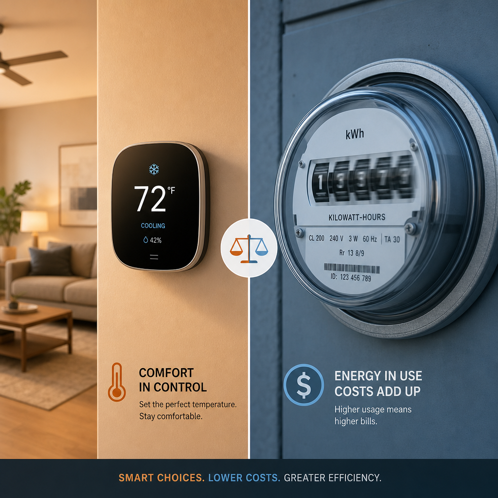 Home thermostat and electric meter illustrating AC energy consumption and costs
