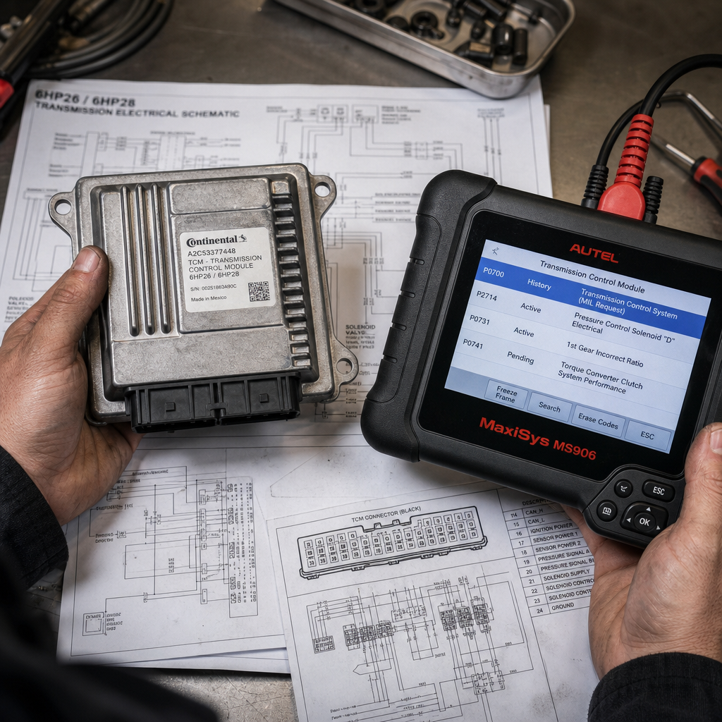 Mechanic examining a transmission control module with diagnostic scanner in a professional workshop