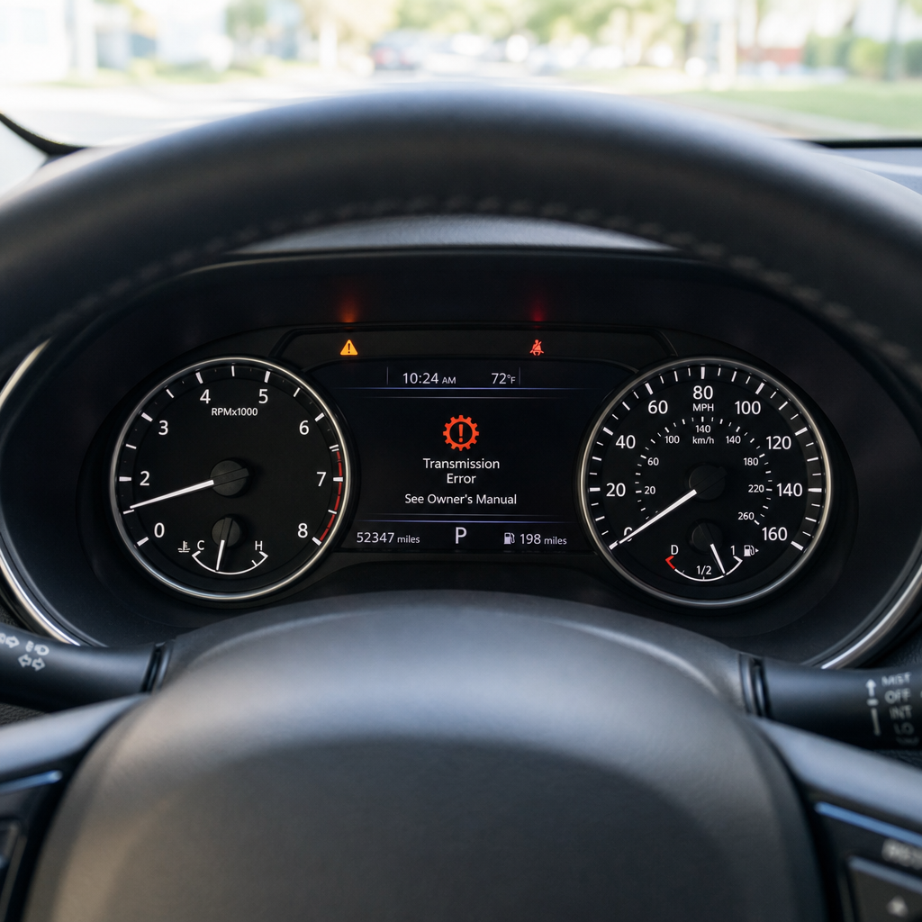 Car dashboard displaying illuminated transmission warning light on instrument cluster