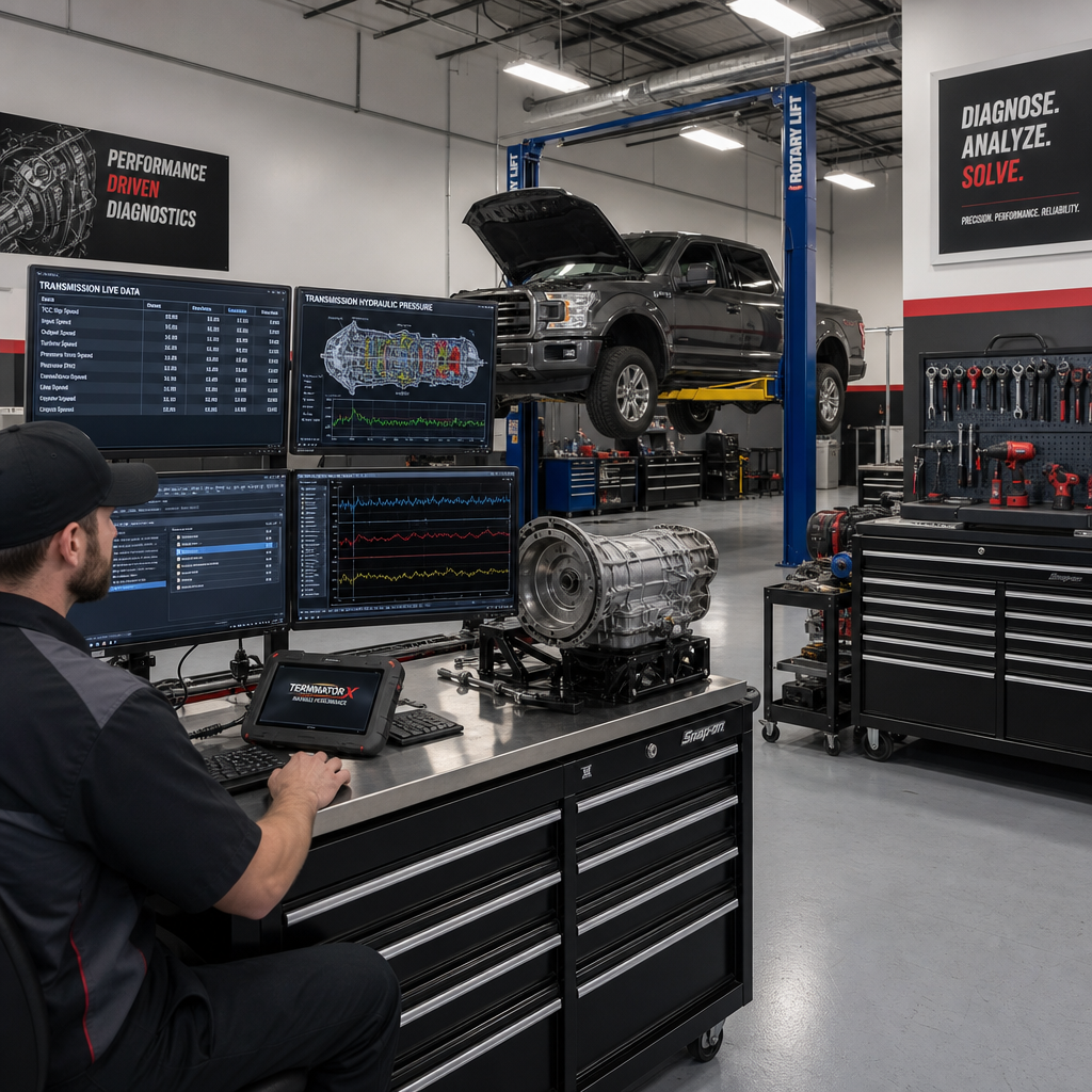 Advanced automotive workshop with diagnostic equipment and lifted vehicle during electronic transmission analysis