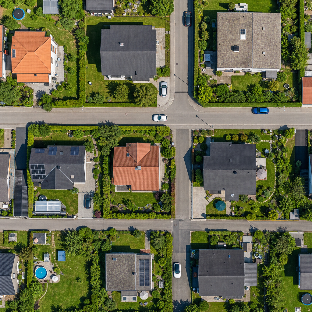 Ortofoto af boligområde set lodret oppefra med præcist geometrisk perspektiv