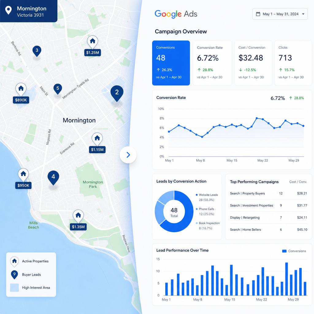 Digital visualization of Google Ads targeting specific Australian suburbs with performance metrics