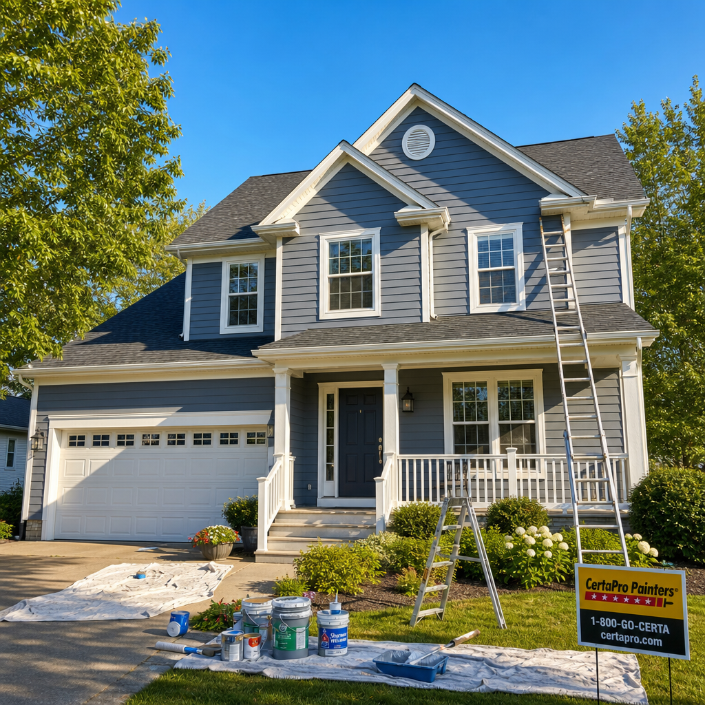 Exterior house painting setup on a sunny summer day with clear conditions and visible equipment