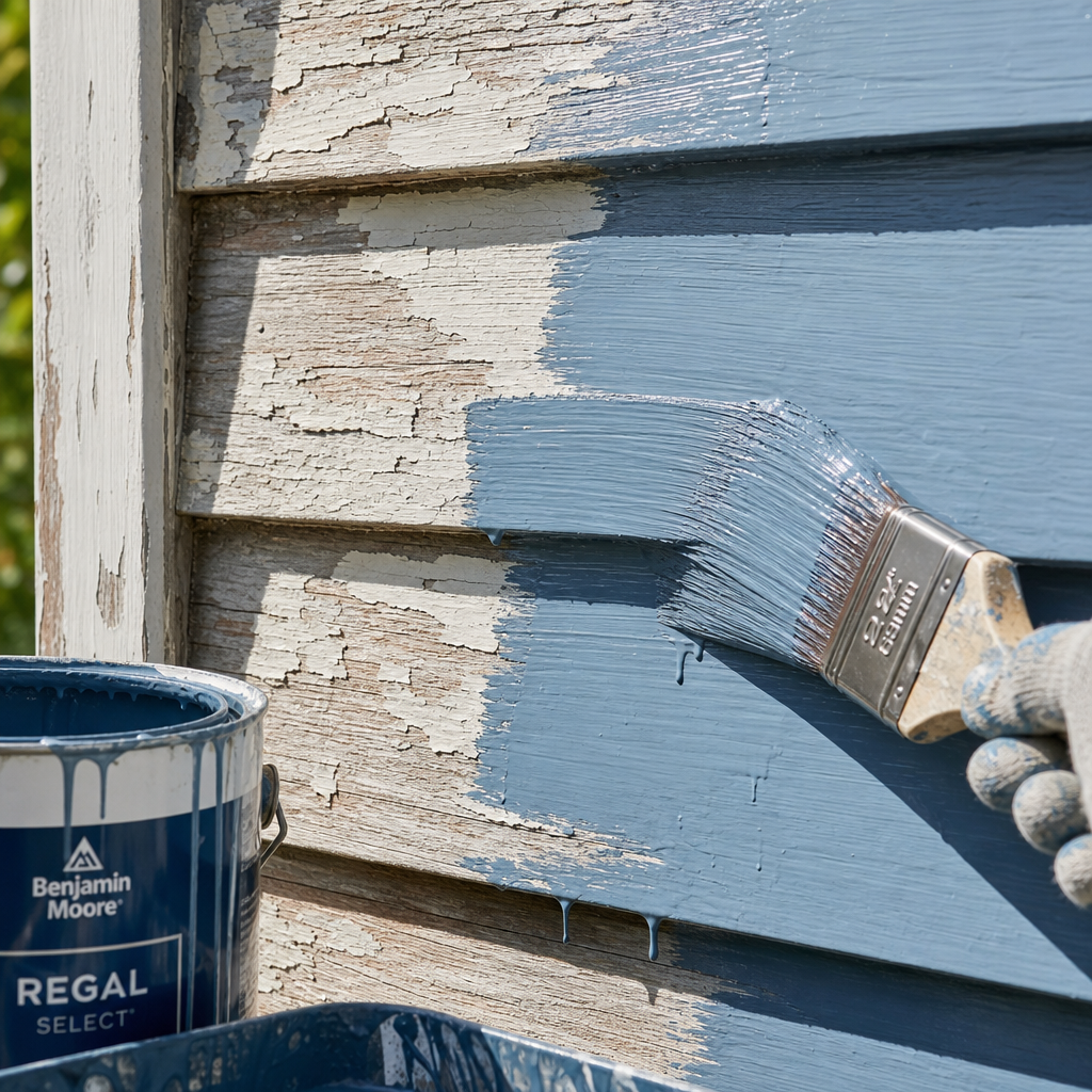 Detailed view of paint brush applying fresh color to aged home exterior siding