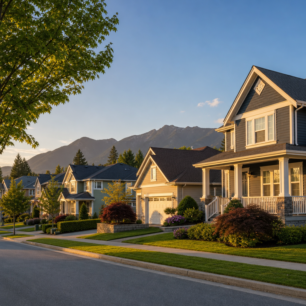 Summer neighborhood scene showing multiple homes with clear weather conditions ideal for painting