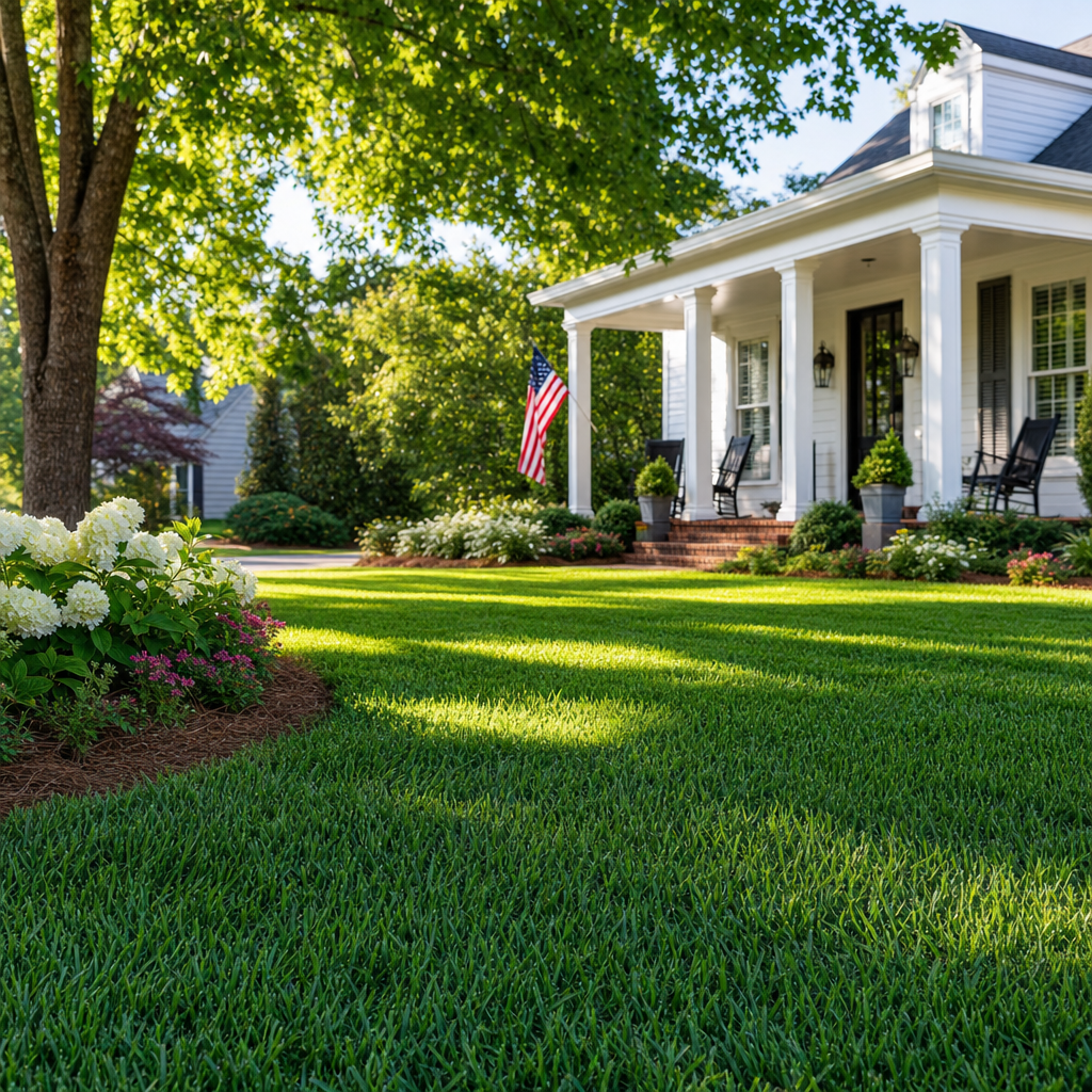 A lush, green residential lawn under summer sunlight with a home visible in the background