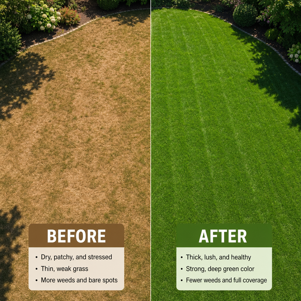 Comparison view of a stressed brown lawn section next to a healthy green lawn section