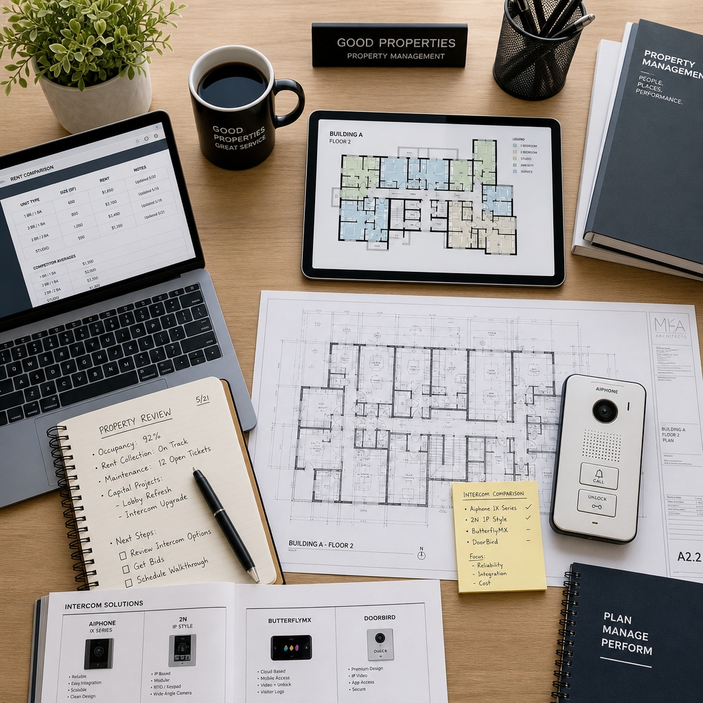 Property manager's workspace with building plans, intercom hardware, and digital devices for system selection