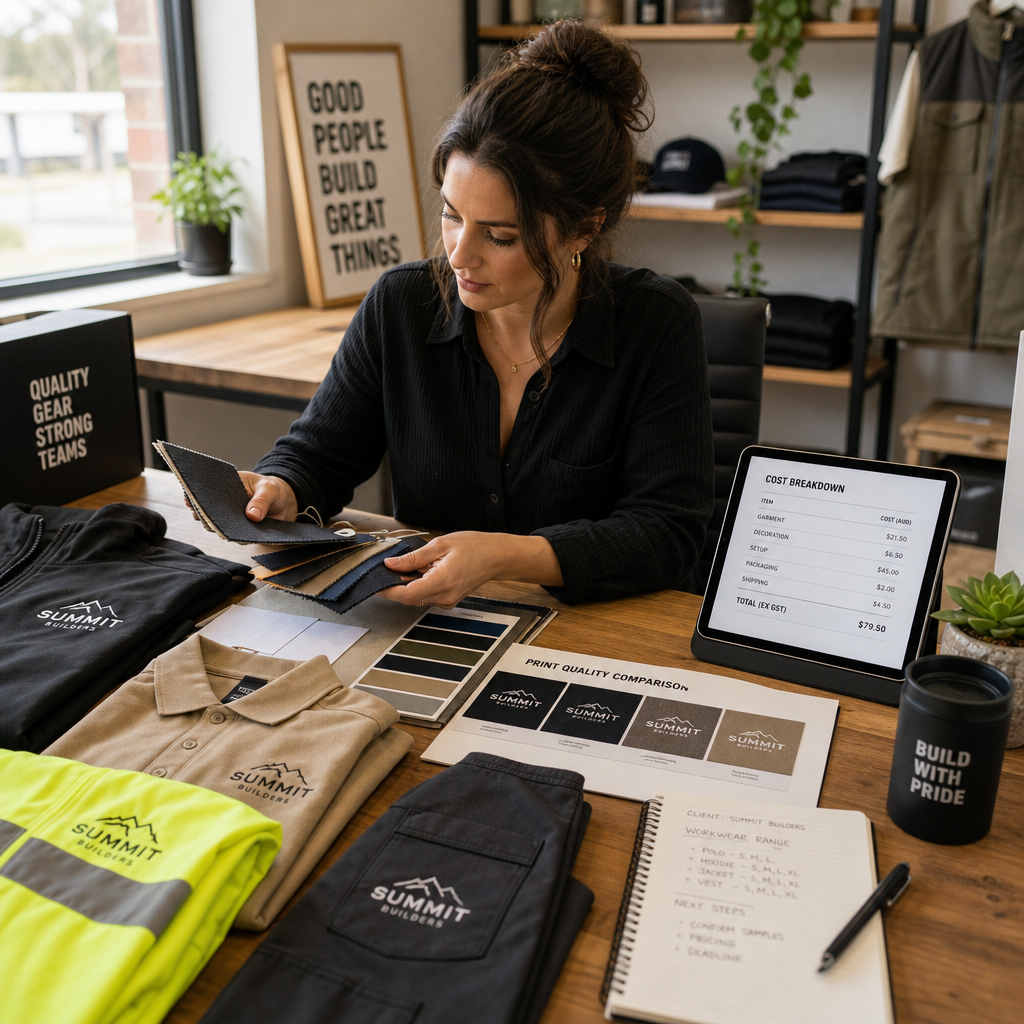 Small business owner comparing workwear fabric samples and cost analysis on desk