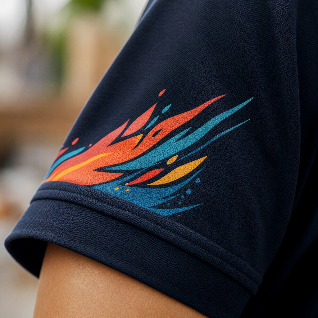 Detailed view of DTF printed design on professional workwear showing print quality