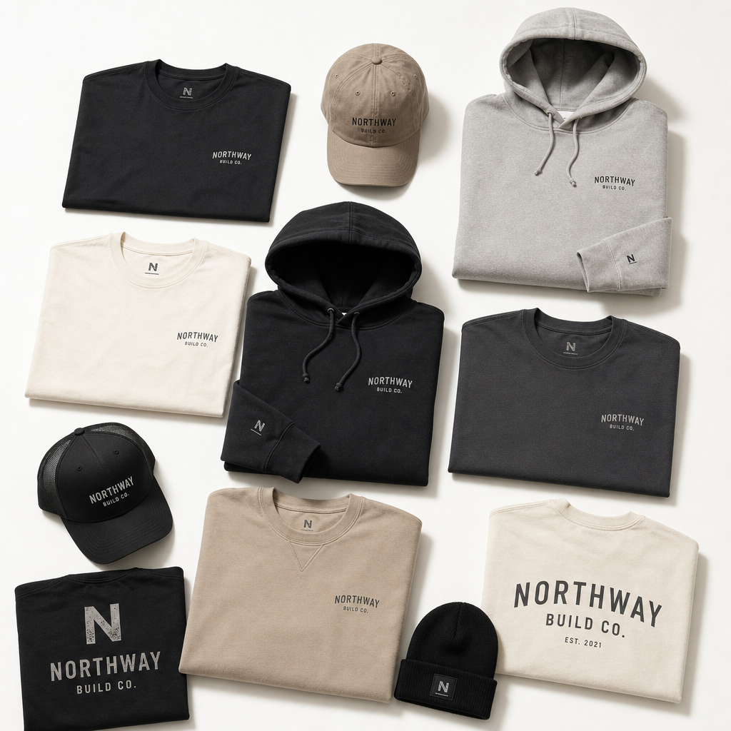 Assorted branded workwear collection displayed in flat lay arrangement