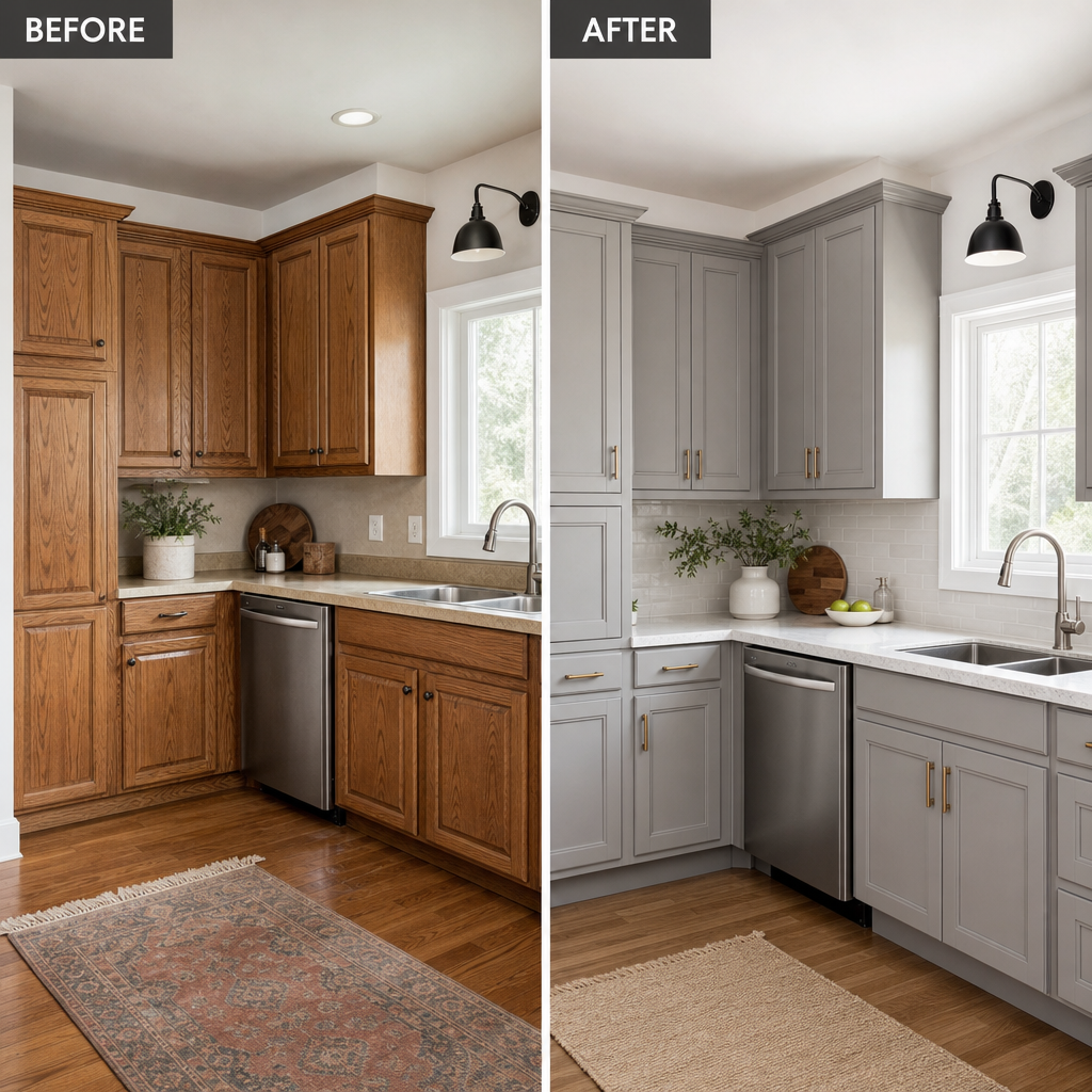 Before and after kitchen cabinet refinishing showing transformation from worn wood to modern gray finish