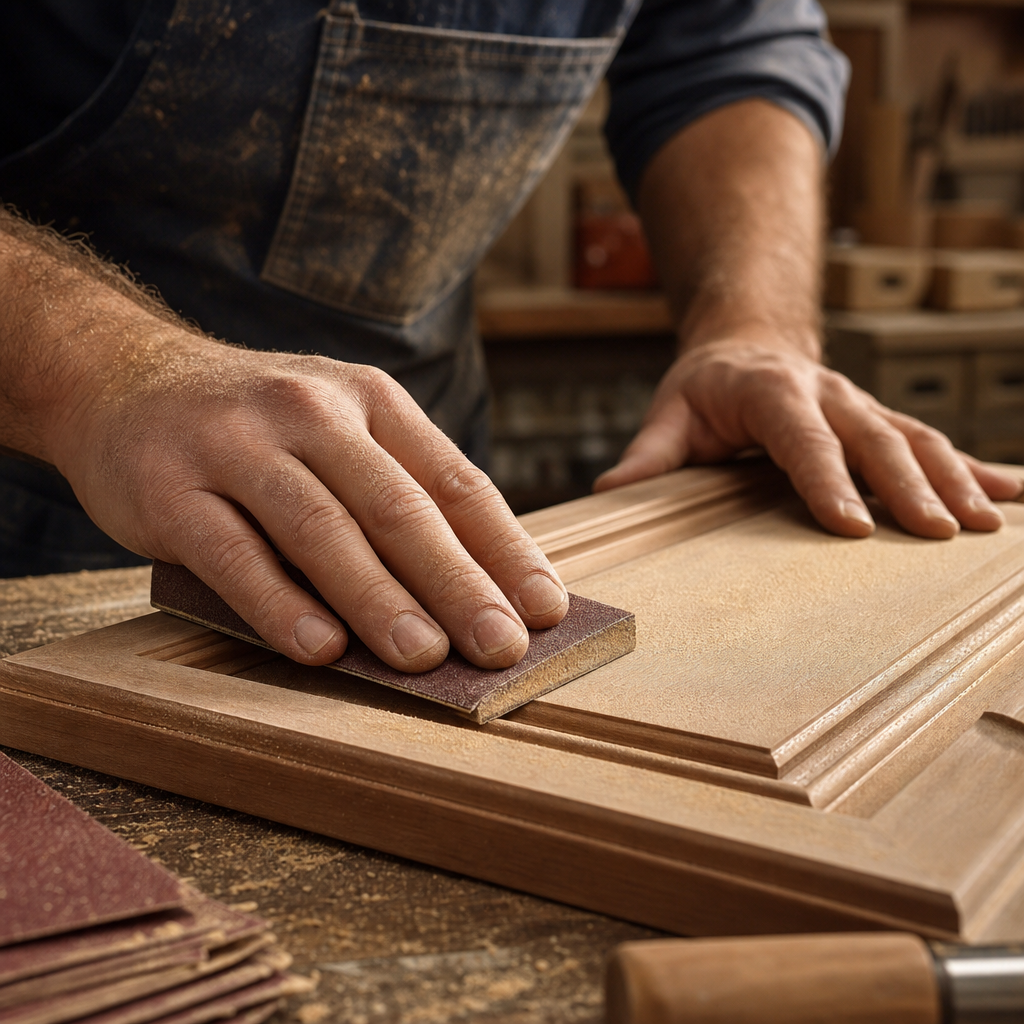 Detail of professional cabinet surface preparation and sanding during refinishing work