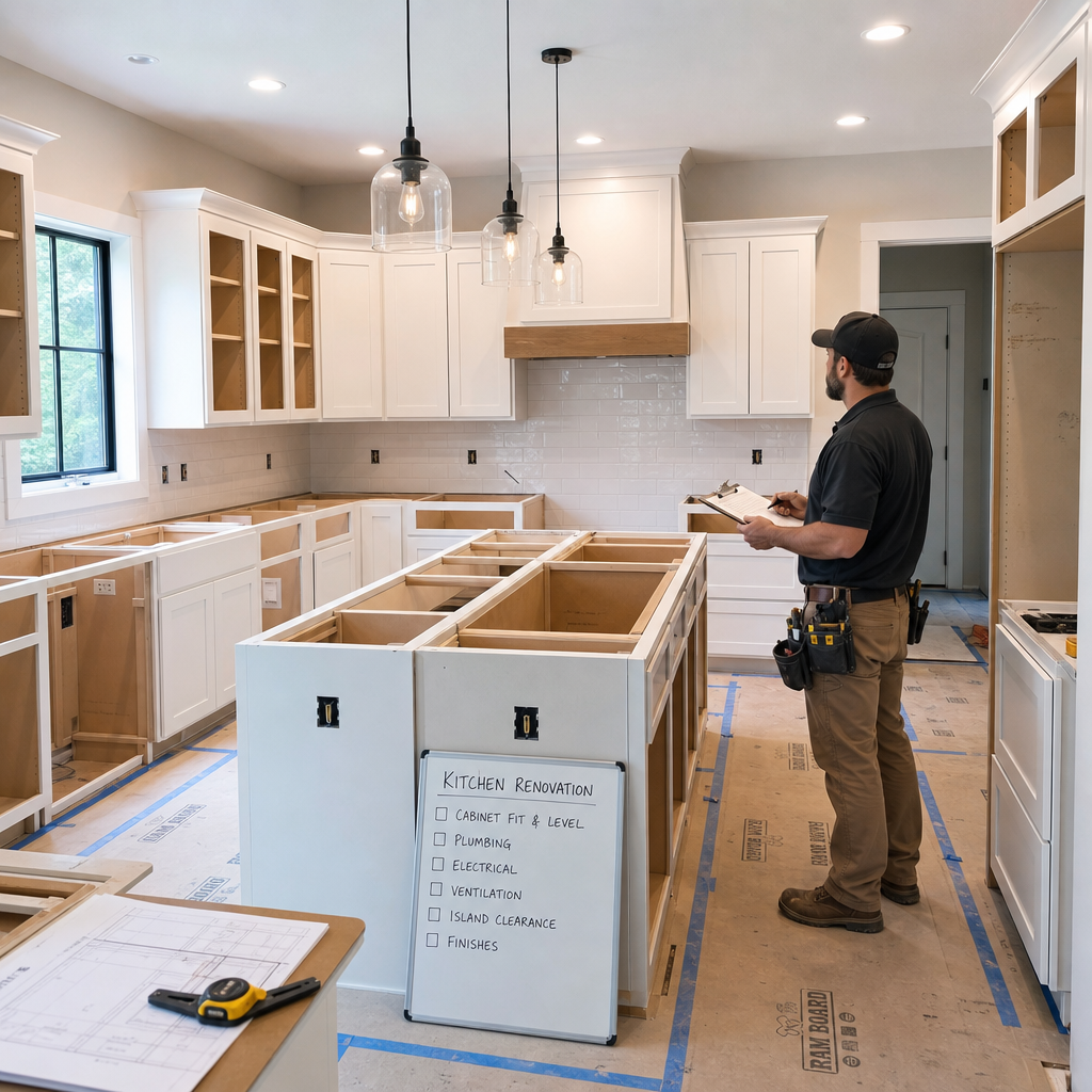Kitchen cabinet replacement project showing structural assessment and installation of new cabinetry