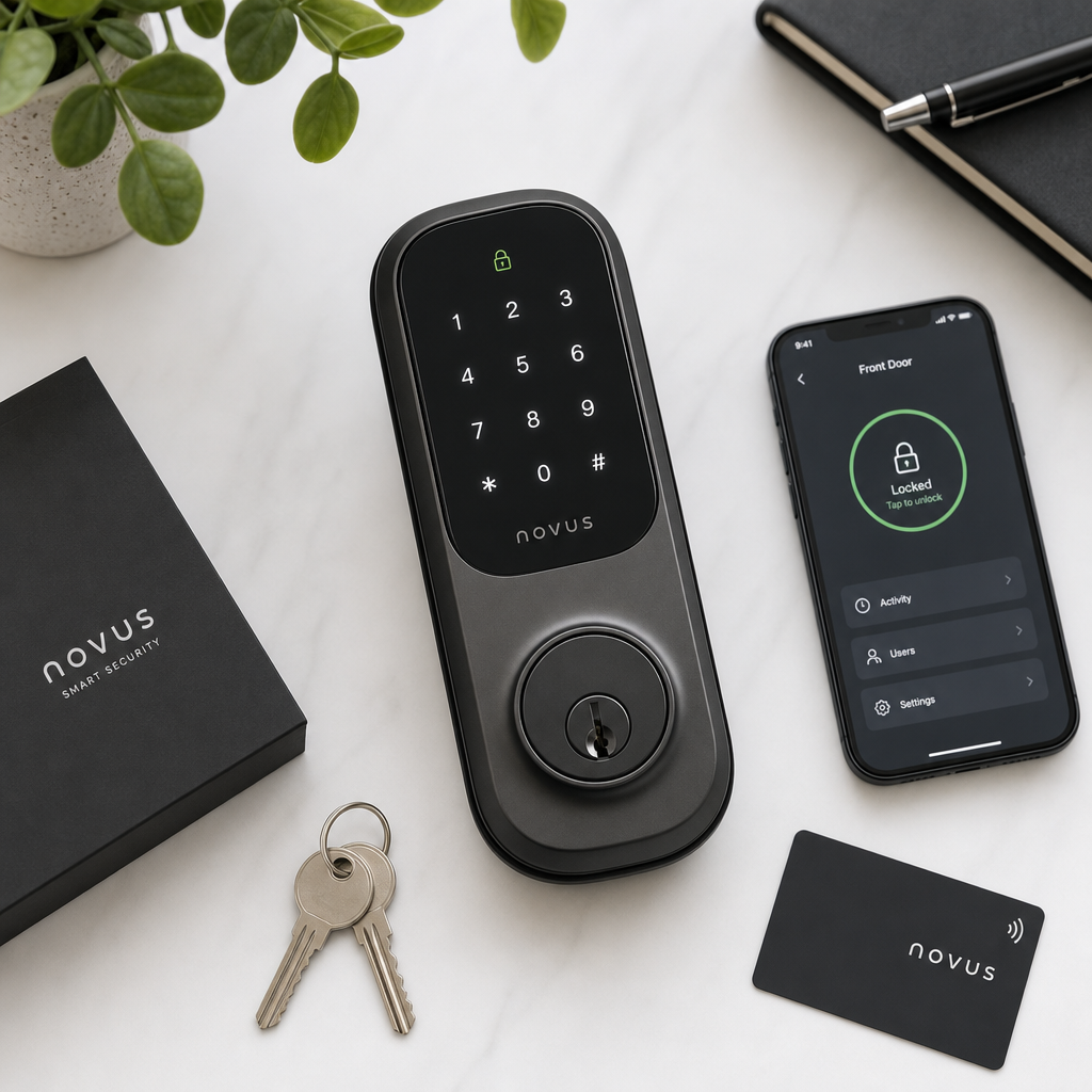 Smart door lock with illuminated keypad interface and smartphone control device