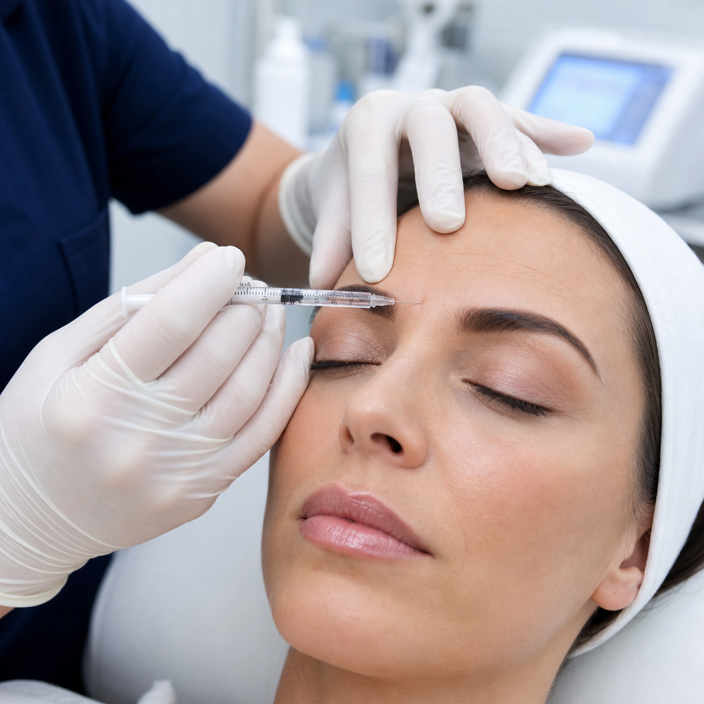 Licensed medical professional administering Botox injection with sterile technique in a clinical environment